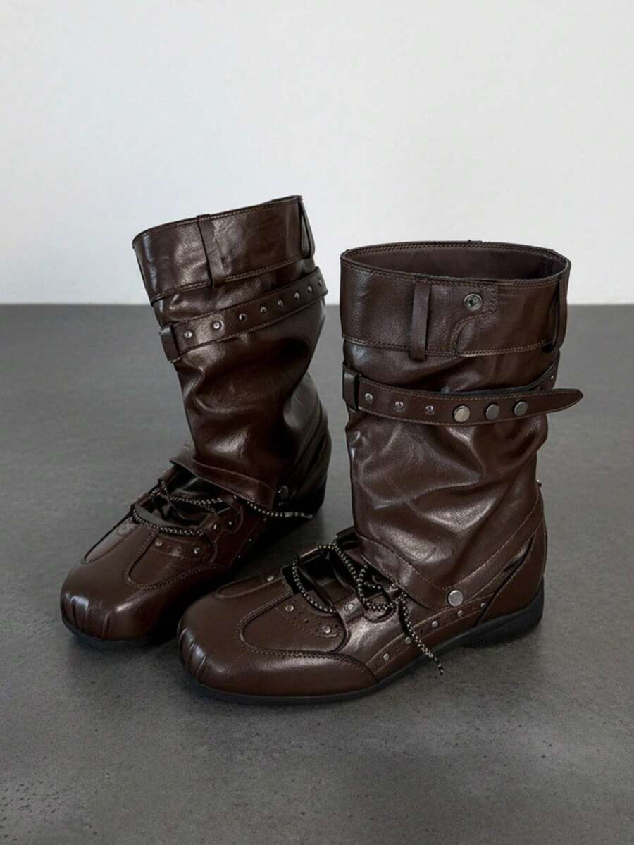 Rivet Buckle Lace-Up Ruched Split Toe Mid-Calf Boots Plus Size Women Street Vintage Hot Girl Slouch Boots - Brown - View 1