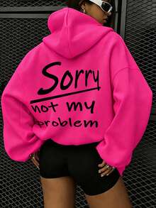 大尺碼早秋新款女款休閒時尚運動衫「Sorry, Not My Problem」字母背印口袋薄款抽繩運動上衣 - 玫紅色 - 查看 1
