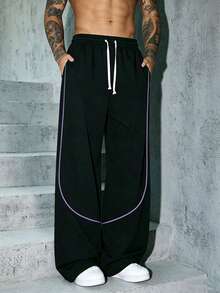 Men's Drawstring Waist Contrast Color Arc Line Loose Wide Leg Casual Pants, High Street Style Outdoor Wear Sports - Black - View 1