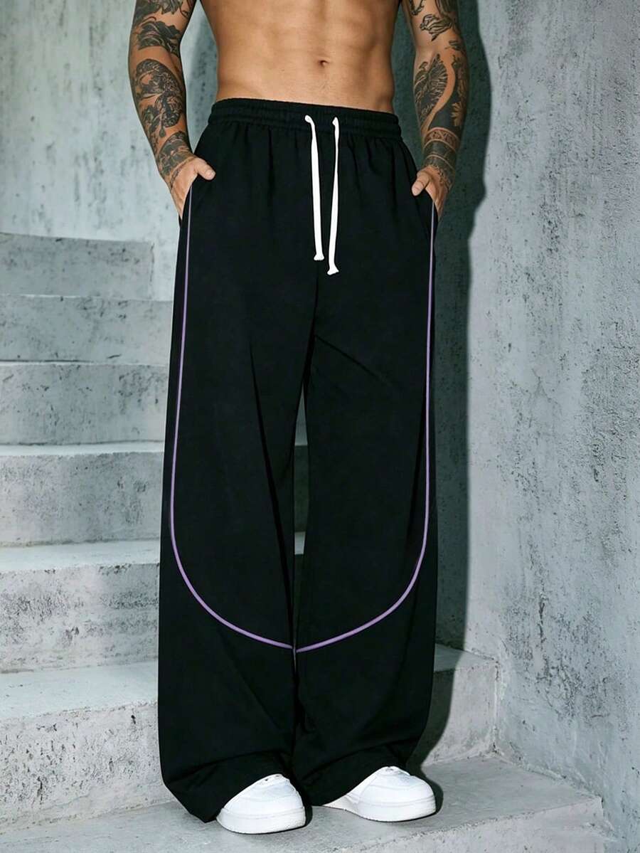 Men's Drawstring Waist Contrast Color Arc Line Loose Wide Leg Casual Pants, High Street Style Outdoor Wear Sports - Black - View 1