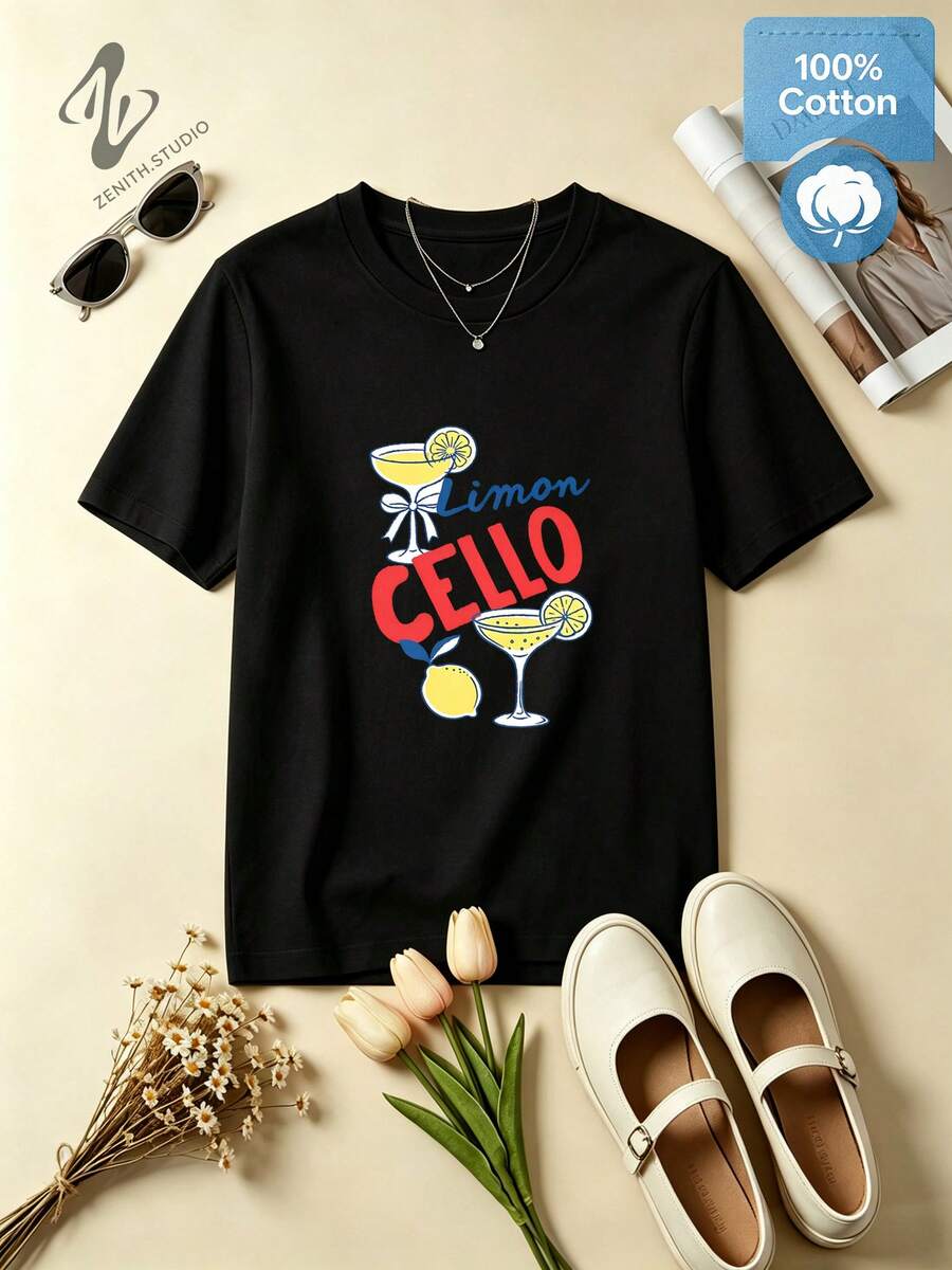 LIMONCELLO Chic Italian Lemon Cocktail Print Cotton Short Sleeve T-Shirt For Summer Vacation - 黑色 - 查看 1