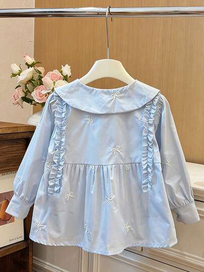 Girls Long Sleeve Doll Blouse With Frill Trim, Spring New Korean Style Sweet French Design