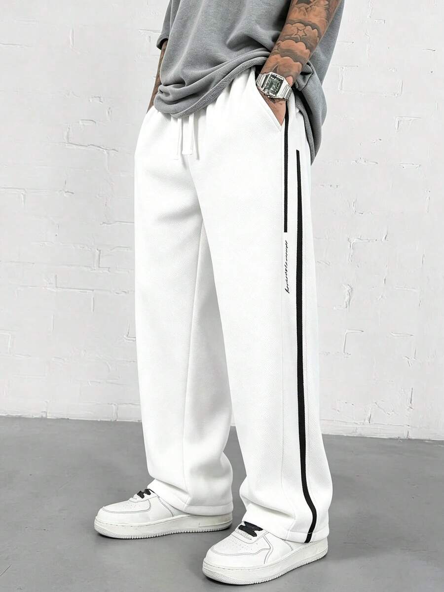 Men's Loose Straight Leg Pants With Side Splice, For Fall - White - View 1
