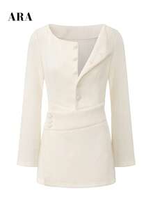 ARA CHIC Women's White Textured Long Sleeve Mini Dress, Lapel Button Front Wrap Hem Slim Elegant Dress, Fall Winter Office Commuter Dress - White - View 8
