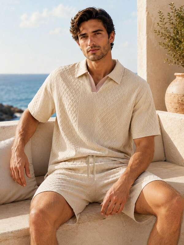 2pcs/Set White Collar Men's Short Sleeve Shorts Set, Lightweight Breathable Textured Diamond Pattern Fabric, Basic Loose Casual Fit, Casual Vacation Style Henley Collar Men's Casual Set, Machine Washable, Suitable For Beach Vacation, Beach Stroll, Casual Outings