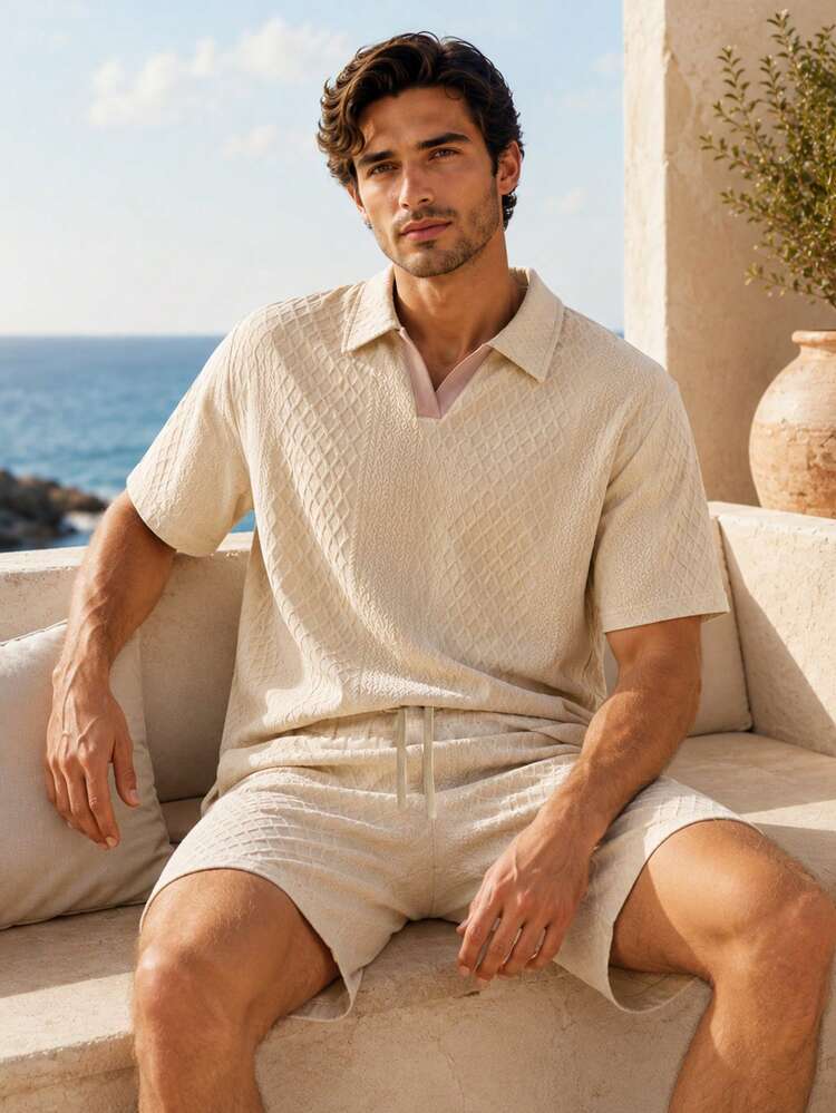 2pcs/Set White Collar Men's Short Sleeve Shorts Set, Lightweight Breathable Textured Diamond Pattern Fabric, Basic Loose Casual Fit, Casual Vacation Style Henley Collar Men's Casual Set, Machine Washable, Suitable For Beach Vacation, Beach Stroll, Casual Outings - Khaki - View 1