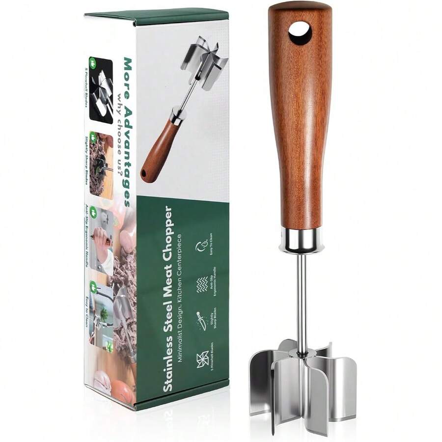 不鏽鋼 6 葉肉類切碎機 重型絞肉機 木柄廚房工具 - 黑與白 - 查看 1