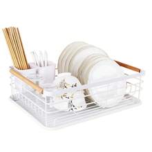 Dish Drying Rack With Drain Tray & Cutlery Holder | Metal Kitchen Dish Rack With Wooden Handles | Black / White / Grey / Beige - View 7