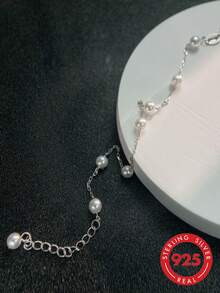 1 Stück S925 Sterling Silber französischer Stil Perlenarmband, elegantes Design mit ästhetischem Flair, vielseitiges Handgelenkaccessoire für Lässig, Einkaufen, Party, Reisen, geeignet als Geschenk für beste Freunde, exquisites zeitloses Nischenprodukt für den täglichen Gebrauch, Urlaubsgeschenk - Perle - Übersicht 3