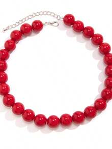 1pc Exaggerated Colorful Beaded Necklace, Fashion Geometric Round Bead Choker - Red - View 4
