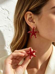 Ins Fresh Beach Multi-Motif Earrings, Dual Lined Starfish & Gradient Fan Shell Shape, Skin- 304 Steel, Summer Vacation Accessory - Multicolor - View 4
