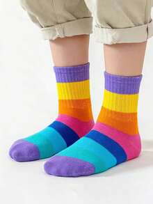 5 Pairs Girls Rainbow Color Block Knit Socks, Comfortable Breathable Soft Mid-Calf Socks, Suitable For Outdoor Wear, Back To School - Multicolor - View 2