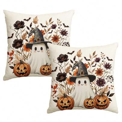 2pcs Halloween Flowers Ghost Pumpkin Throw Pillow Cover, 18 X 18 Inch Holiday Farmhouse Bat Spooky Cushion Case Decoration For Sofa Couch, Single-Sided Print, 100% Polyester ( Do Not Include Insert)