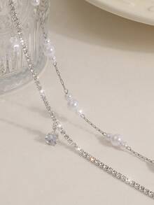 1pc Fashionable Exquisite Silver Artificial Crystal Pendant Minimalist Women's Extra Long Back Chain, Beautifully Arranged Faux Pearls, Suitable For Ball, Banquet, Birthday Party, Dinner, Romantic Date And Travel Design. - Silver - View 5
