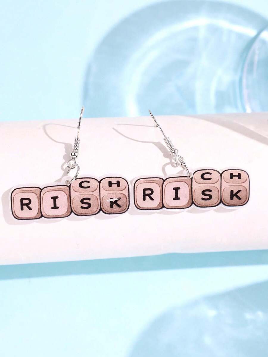 1對創意趣味時尚獨特口號「Risk」壓克力耳環,女款日常佩戴派對飾品 - 彩色 - 查看 1