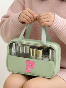 2/1pc Transparent PVC Material Toiletry Bag, Letter Makeup Bag, With Embroidered Letters, Waterproof Travel Toiletry Bag, With Letter Zipper Makeup Storage Bag, Cosmetic Organizer Bag, Portable Travel Makeup Bag, Suitable For Travel Toiletries - Green - View 2