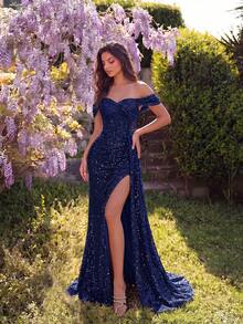 ADYCE Sequin Off-Shoulder Ruched Waist Long Tie-Front Slit Backless Cocktail Evening Gown, Elegant Formal Evening Party Dress, Suitable For Weddings - Navy Blue - View 4