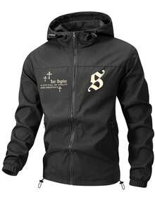 Chaqueta con capucha para hombre de primavera y otoño con bolsillos, prenda exterior ligera estampada - Negro - Ver 4