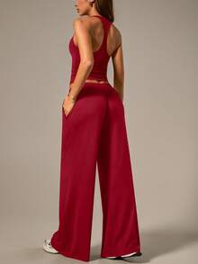 NcmRyu Setelan Olahraga Wanita 1 Set: Atasan Tank Top Camisole dengan Tali Serut dan Saku, Celana Panjang Lebar - Merah - View 7