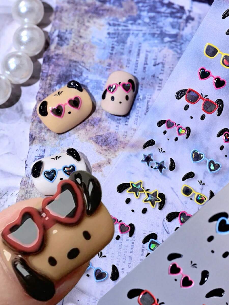 1pc Cute Wearing Heart Fashion Glasses Puppy Nail Stickers,5D Cartoon Laser Glasses With Pentagram Eyeglass Frame Self Adhesive Nail Art Decals, Kawaii Summer Lovely Nail Decor For Daily Manicure - Multicolor - View 1