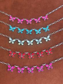 1pc American Western Colorful Gemstone Butterfly Necklace, Distressed Silver Rectangular Chain, Vintage Style Girl Collarbone Necklace - Necklace - View 1