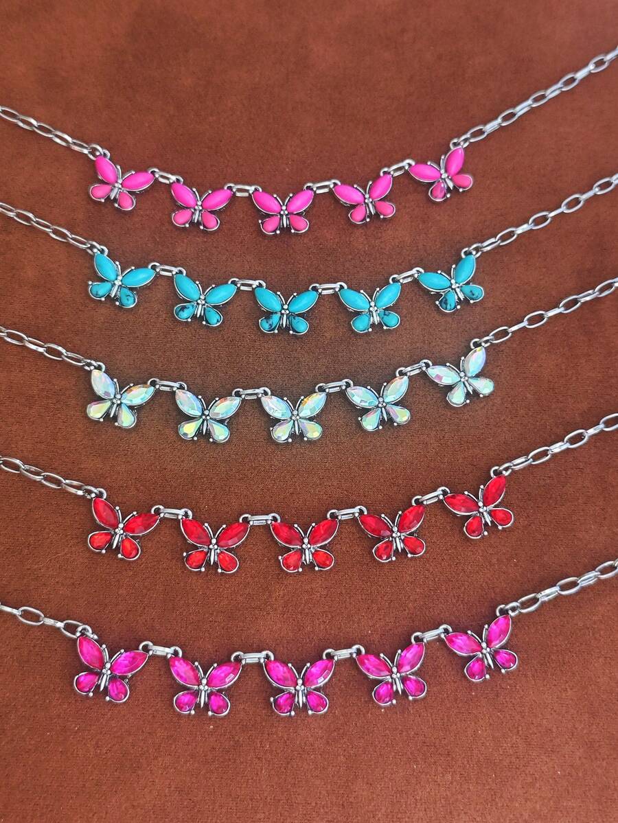 1pc American Western Colorful Gemstone Butterfly Necklace, Distressed Silver Rectangular Chain, Vintage Style Girl Collarbone Necklace - Necklace - View 1