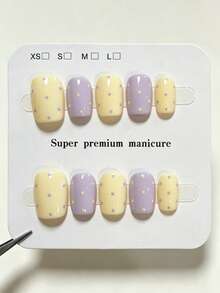 10pcs Pure Handmade Short Square Press On Nails, Y2k Sweet Pastel Style,Purple And Yellow Base, Polka Dot & Hand-Painted Daisy Flower Patterns For Women And Girl,Spring Summer Fall Winter Festivals Party And Daily Life Use - Purple - View 1