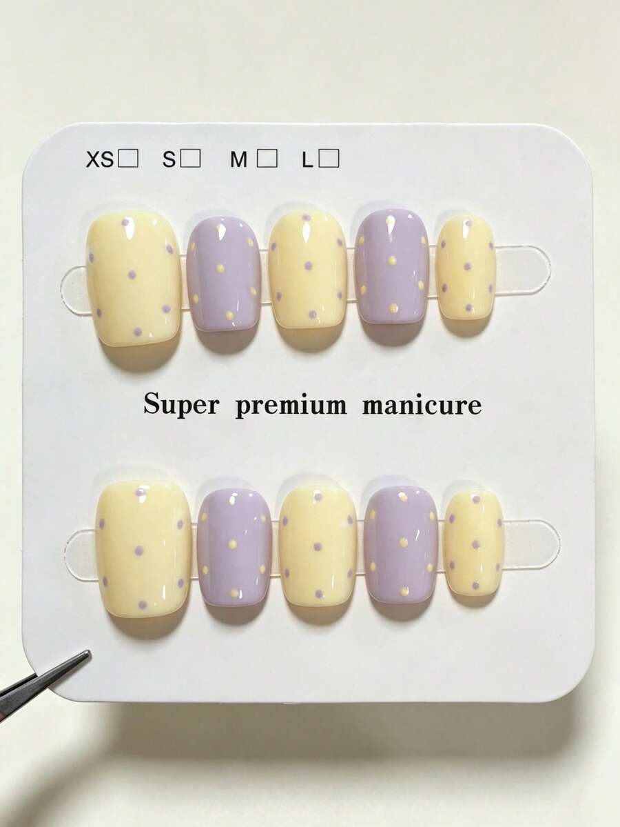 10pcs Pure Handmade Short Square Press On Nails, Y2k Sweet Pastel Style,Purple And Yellow Base, Polka Dot & Hand-Painted Daisy Flower Patterns For Women And Girl,Spring Summer Fall Winter Festivals Party And Daily Life Use - Purple - View 1