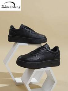 Women's Thick Sole Color Block Round Toe Lace-Up White Casual Sneakers, Spring Autumn Simple Fashion Leisure Flats,Trainers Women - Black - View 1