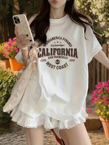 Women's Short Sleeve T-Shirt With Letter Print, Casual Style, Loose And Soft Fit, Fast Local Delivery - 白色 - 查看 2