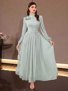 Elegant Women's Long Sleeve Stand Collar A-Line Dress, Decorated With 3D Roses And Pleated Design, Formal Charming Evening Gown Wedding Party Fall - Mint Green - View 3