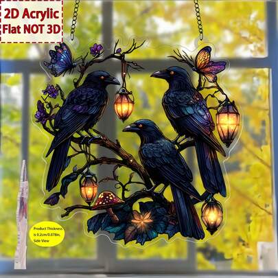 2D Flat, Suitable For All Seasons, Magic Tree Crow Hanging Decoration Window Ornament, Acrylic Material, Ideal Choice For Home And Garden Decor, Perfect Birthday Or Colleague Gift, Halloween Decoration, 2D Flat Product Suitable For 11 Holidays