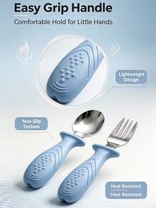 Baby & Toddler Silicone & Stainless Steel Tableware Set, Includes Spoon & Fork, With Silicone Handle, Anti-Choking Design - Multicolor - View 6
