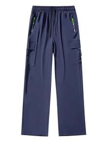 Women's Navy Drawstring Waist Cargo Pants, Multi Flap Pockets, Sweatpants For Women, Minimalist Solid Color Fashion Sports Long Pants Winter - Navy Blue - View 4