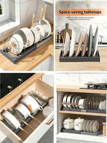 1 Set Kitchen Pot And Bowl Storage Rack, Expandable Cabinet Storage Container Lid Organizer, Space-Saving Shelf With Pot Lid Rack, Utensil Rack And Draining Board - Multicolor - View 7