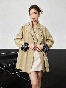 Stunning Stand Collar Trench Coat Jacket Button-Up Top For Office, Daily Wear, Dating, Spring And Autumn - Khaki - View 8