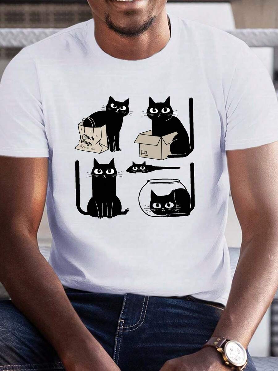 T-shirt décontracté d'été pour homme, grande taille, avec imprimé graphique humoristique de chat noir, en polyester, col rond, légèrement extensible, coupe régulière, tissu tricoté, pour adulte, - Blanc - Voir 1