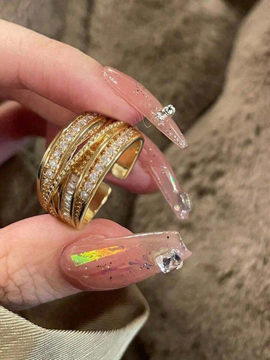 1pc Fashionable Versatile Rhinestone Inlaid Open Copper Ring, Simple And Lightweight, Suitable For Women's Daily And Holiday Decoration - Gold - View 1