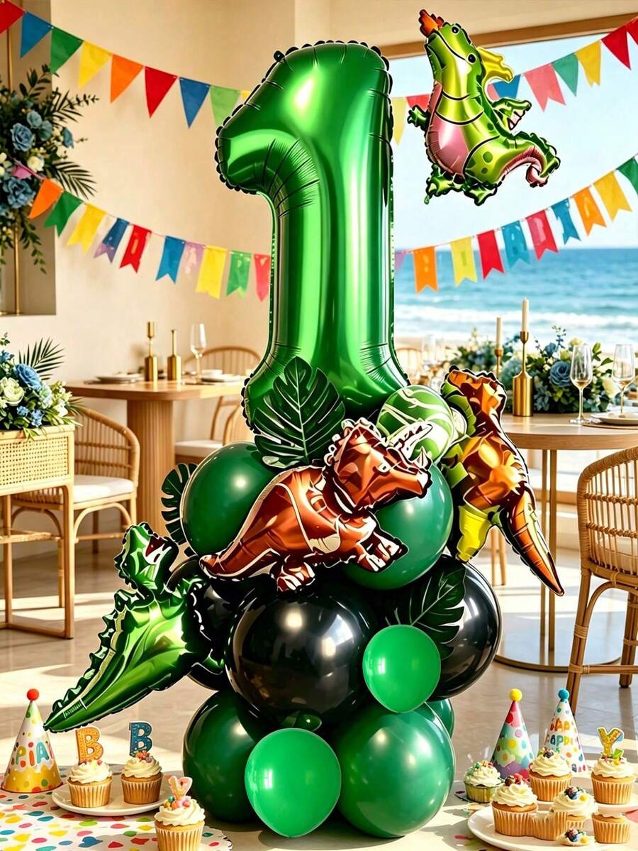 26 Green Number Balloons, Assorted Dinosaur Shaped Balloons, Suitable For Birthday Party, Wedding And Engagement, Gender Reveal, Baptism And Christening, Back To School, Carnival, Thanksgiving, Christmas - View 1