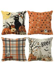 4pcs Pumpkin & Maple Leaf Pattern Single-Sided Printed Pillow Covers (Without Pillow Inserts) Home Decor Sofa Throw Pillow Covers Bedroom Bed Head Pillow Car Cushion Covers Room Decor - Multicolor - View 2