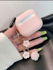 Solid Color Earphone Case + Flower Pendant Compatible With Apple Pro/Pro2/3rd Gen/1st Gen/2nd Gen/4th Gen/Pro3 Bluetooth Earphone Charging Case Protective Shell - Pink - View 5