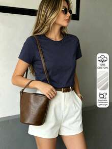 Kaos Wanita Modis dan Elegan Warna Polos - , Kasual Musim Panas - Navy Blue - View 4