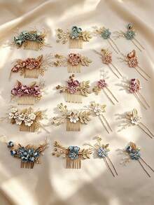 4pcs Set Simulated Ditsy Floral Metal Hair Forks Side Combs Suitable For Daily Wear - Coral Pink - View 1