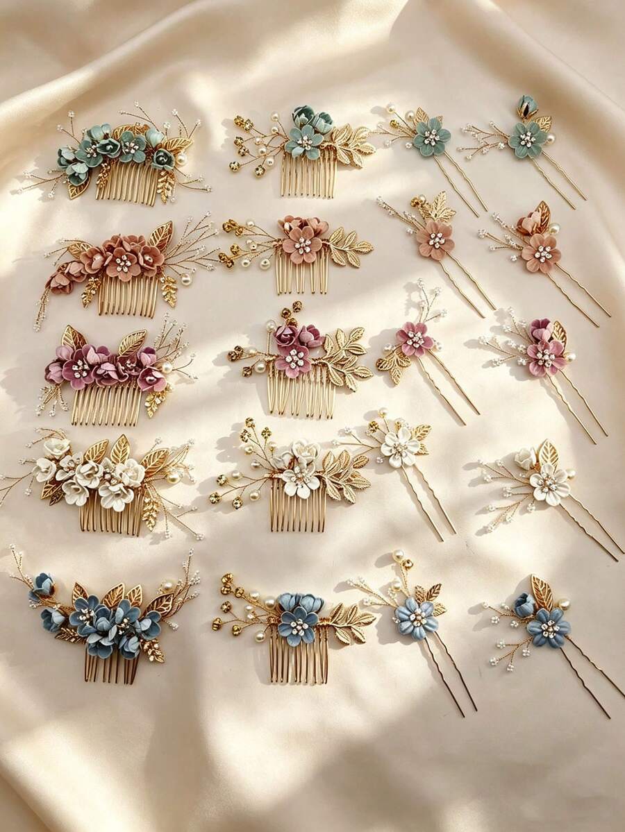 4pcs Set Simulated Ditsy Floral Metal Hair Forks Side Combs Suitable For Daily Wear - Coral Pink - View 1