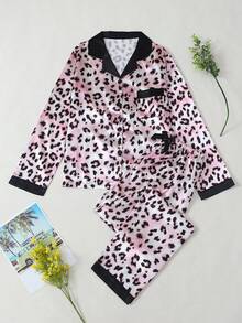 Leopard Print Women's Satin Long Sleeve Long Pants Pajama Set - Pink - View 6