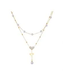 RAYQUEEN 1pc Fashion Double Layer Heart Pendant Pearl Stainless Steel Necklace, Sexy French Style Tassel Layered Choker Accessory For Women - Gold - View 5