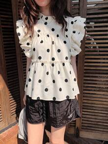 Sweet Polka Dot Cap Sleeve Blouse, Summer Unique Design Frill Trim Loose Casual Top For Women - Apricot - View 5