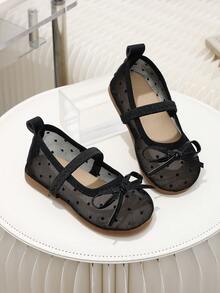 1 Pair Black Girls Sweet Polka Dot Mesh Bow Round Toe Mary Jane Flat Shoes, Suitable For Dress, Birthday, Performance, 2026 New Style - Black - View 3