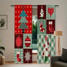 2pcs Christmas Style Fabric Patchwork Semi-Blackout Bedroom Curtains, 90GSM Polyester Semi-Sheer Privacy Protection, Christmas Style Living Room Curtains, Kitchen Curtains, Suitable For Home, Room, Kitchen Partition Or Decoration, Rod Pocket Design Easy Installation, Quick Dry, Water-Resistant, Non-Fading, Lightweight Removable Washable Curtains - Multicolor - View 15