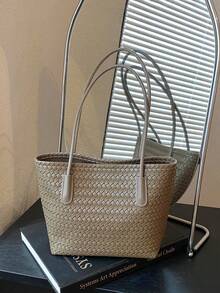 High-End Faux Leather Woven Texture Zipper Tote Bag, Large Capacity Commuter Handbag, Minimalist Versatile 2 Pieces Set Women's Bag - Grey - View 6